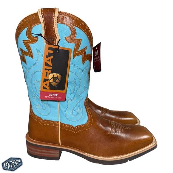 ARIAT Brown/ Cielo Blue UNBRIDLED FULL-GRAIN LEATHER Square Toe COWGIRL BOOTS - Picture 10 of 15